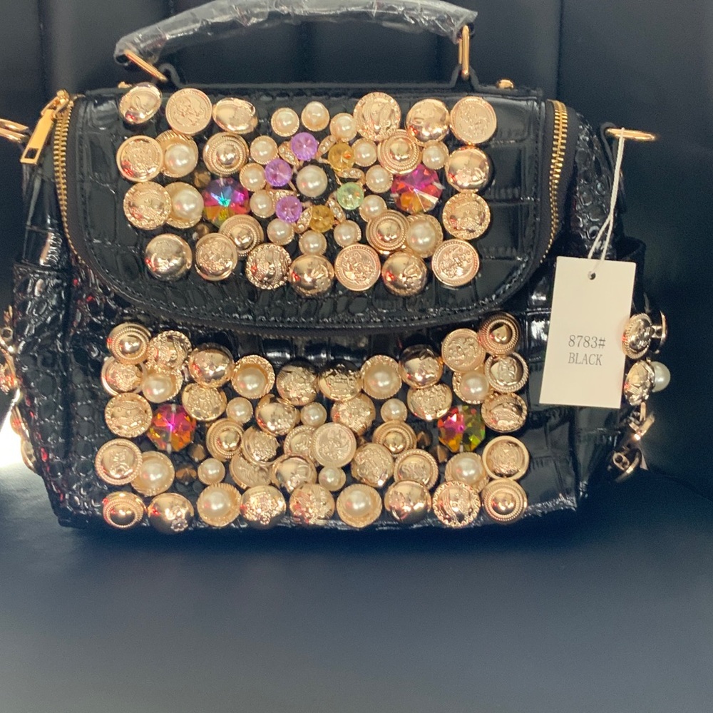 Embellished Black Top-Handle Women's Bag with Gold Accents
